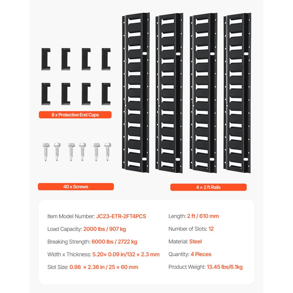 VEVOR E Track Tie Down Rail Kit, 2' Steel Rails, 4 Pack, Secure Cargo & Heavy Loads Up to 2000 lbs, Heavy Duty Etrack Rails with Screws for Garages, Vans, Trailers, Motorcycle Tie Downs, ATV Mountings