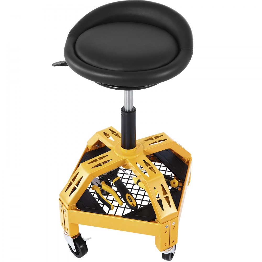 VEVOR Rolling Garage Stool, 300LBS Capacity, Adjustable Height from 24 in to 28.7 in, Mechanic Seat with 360-degree Swivel Wheels and Tool Tray, for Workshop, Auto Repair Shop, Yellow