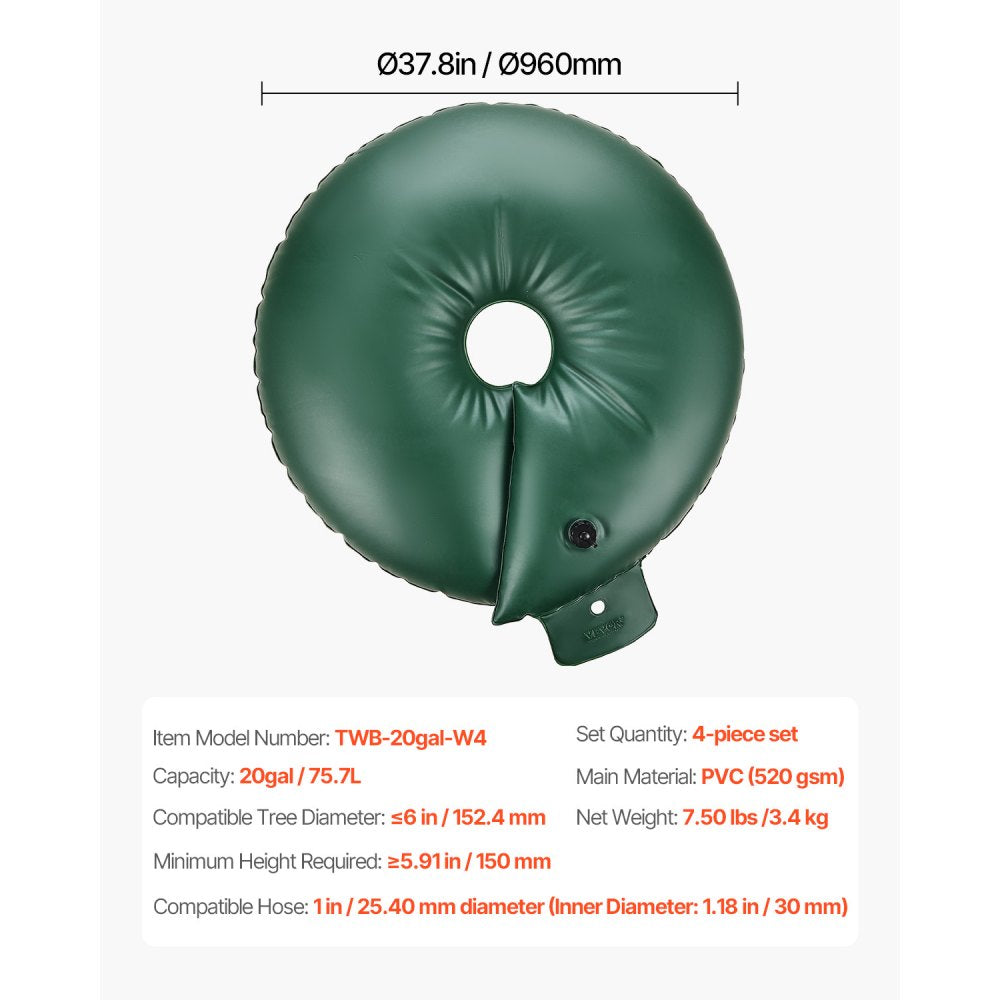 VEVOR Tree Watering Rings, 4 Pcs 20 Gallons Tree Watering Bags, 6-9 Hours Slow Release, Refillable Planting Water Bags, Water Saving, Heavy Duty Watering System for Shrub Tree Root Drip Irrigation