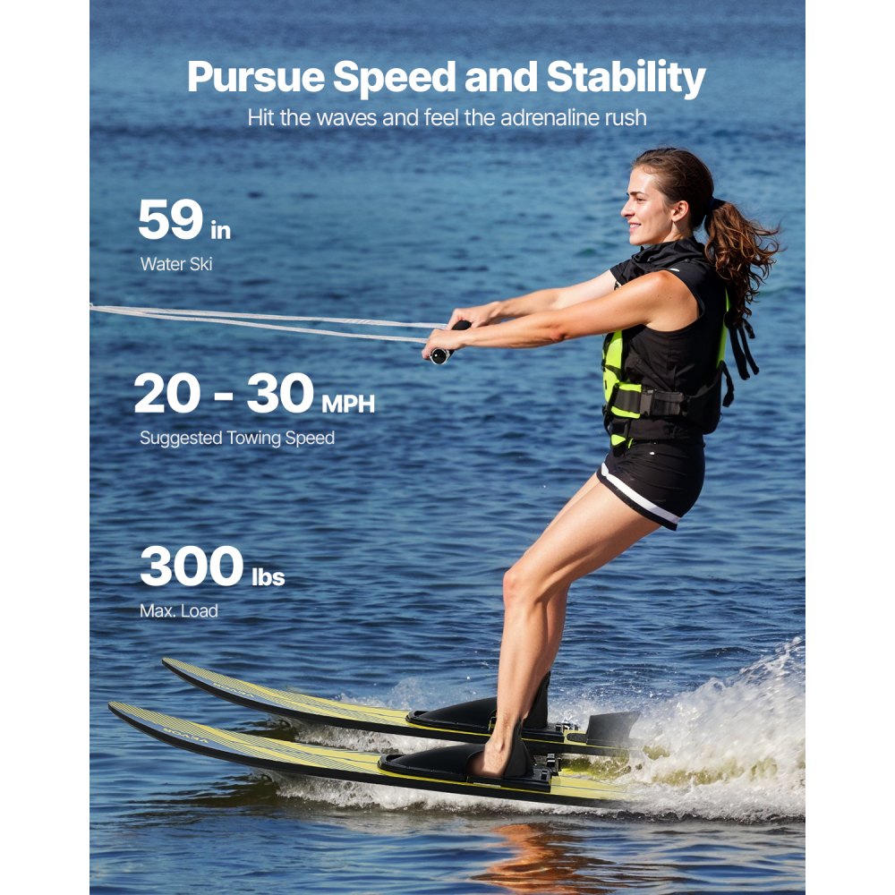 VEVOR 59" Water Skis, Adult Water Ski with X-7 Adjustable Horseshoe Bindings & Padded Rear Toe Plate, High-gloss UV Coating Waterskis  Combo for Adults Up to 300 lbs