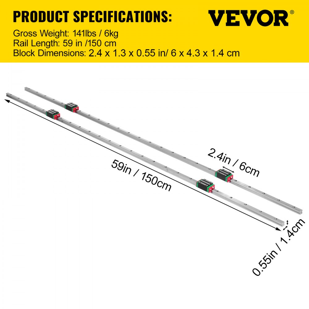 VEVOR Linear Rail HSR15-1500mm? 2pcs Linear Guideway Rail?4X Square Type Carriage Bearing Blocks?Linear Rail Support for 15mm Slotted Bearings