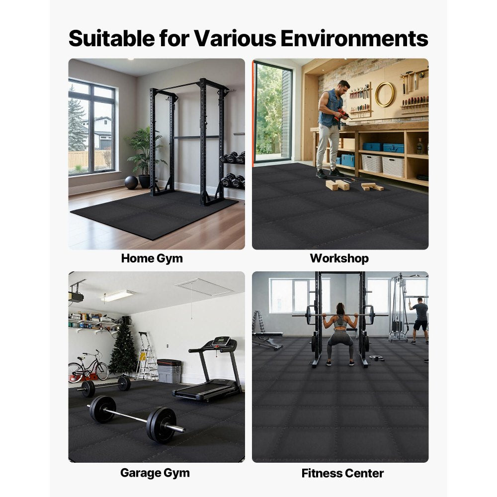 VEVOR Puzzle Exercise Mat, 12 PCS Fitness Equipment Mats, 24 x 24 x 0.56 in, High-Density EVA Foam Gym Mats Set, Interlocking Rubber Soft Tiles, Protective Floor Padding for Home, Gym, Office, Black