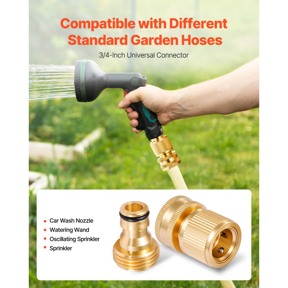 VEVOR Garden Hose Quick Connect, 3/4 inch Male & Female, 200 PSI Heavy Duty Solid Brass Quick Connector, 2 Sets Garden Hose Fitting, No Leak Water Hoses Connectors with Gaskets