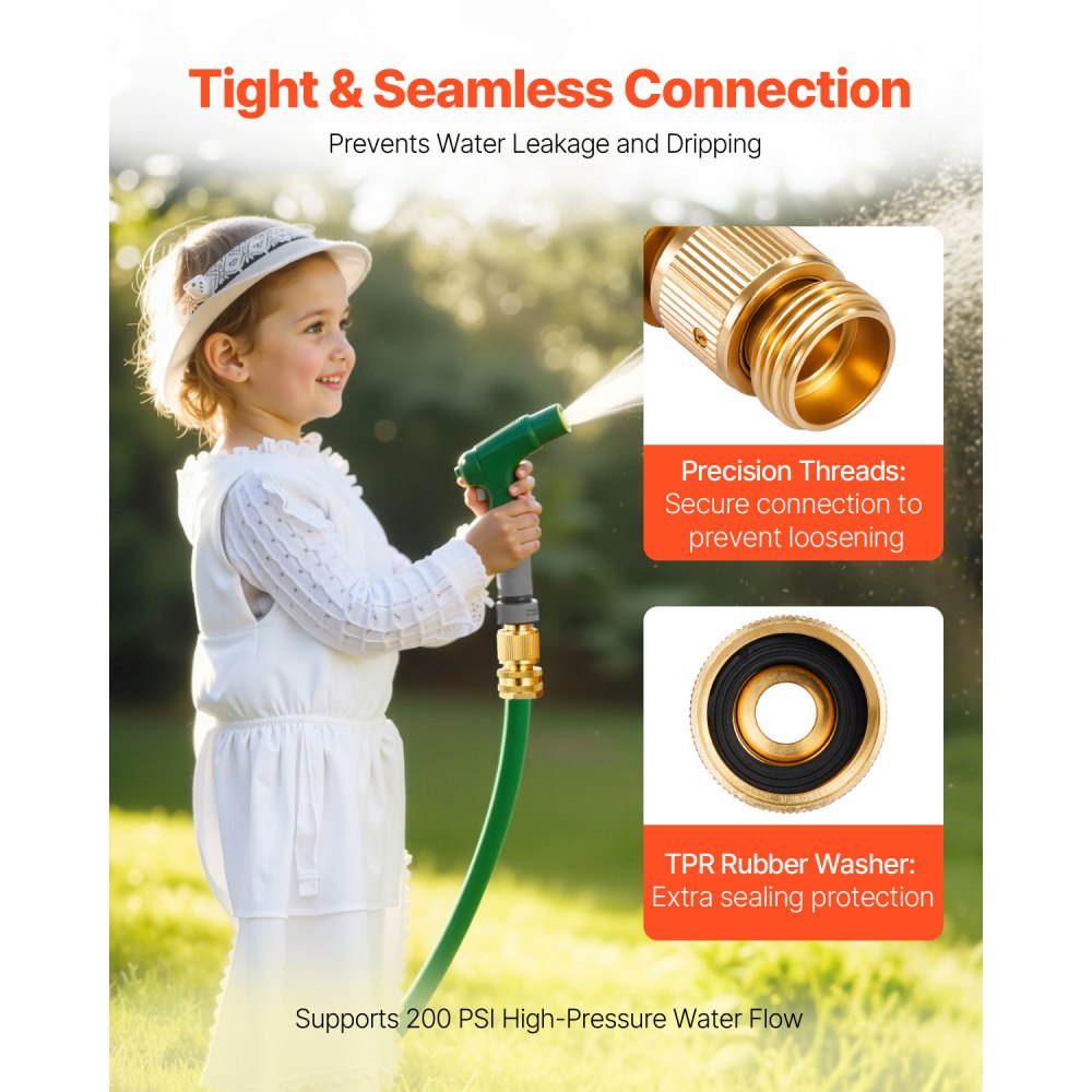 VEVOR Garden Hose Quick Connect, 3/4 inch Male & Female, 200 PSI Heavy Duty Solid Brass Quick Connector, 2 Sets Garden Hose Fitting, No Leak Water Hoses Connectors with Gaskets
