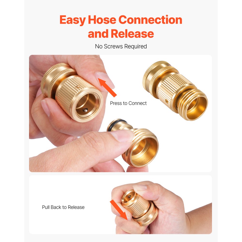 VEVOR Garden Hose Quick Connect, 3/4 inch Male & Female, 200 PSI Heavy Duty Solid Brass Quick Connector, 2 Sets Garden Hose Fitting, No Leak Water Hoses Connectors with Gaskets