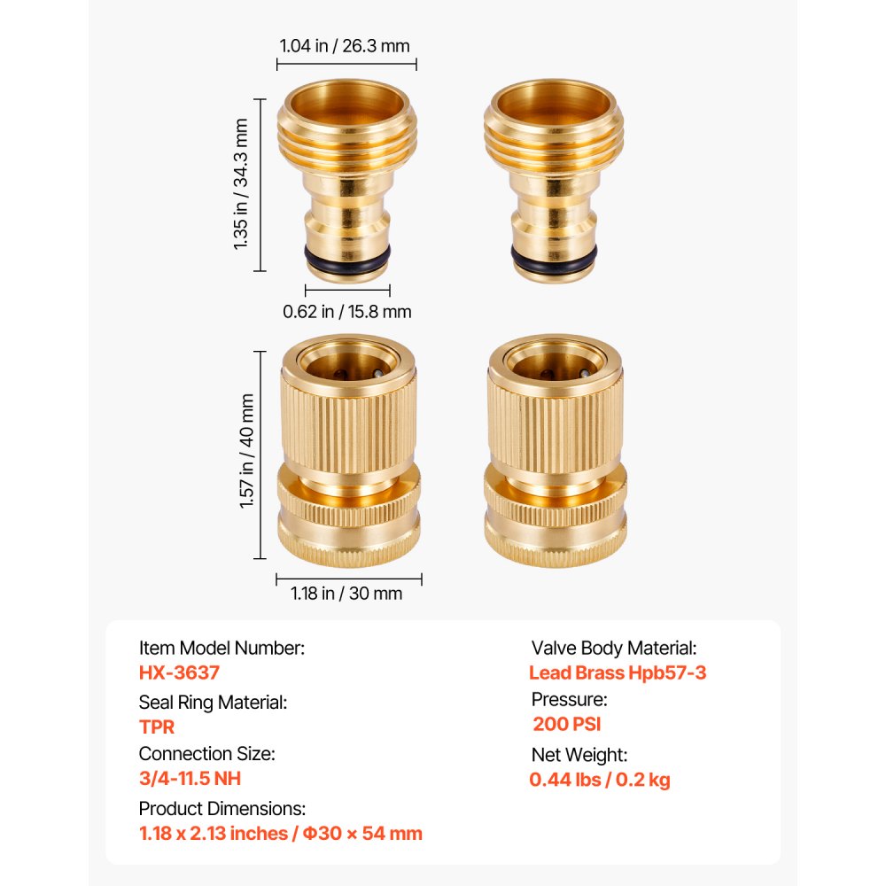 VEVOR Garden Hose Quick Connect, 3/4 inch Male & Female, 200 PSI Heavy Duty Solid Brass Quick Connector, 2 Sets Garden Hose Fitting, No Leak Water Hoses Connectors with Gaskets