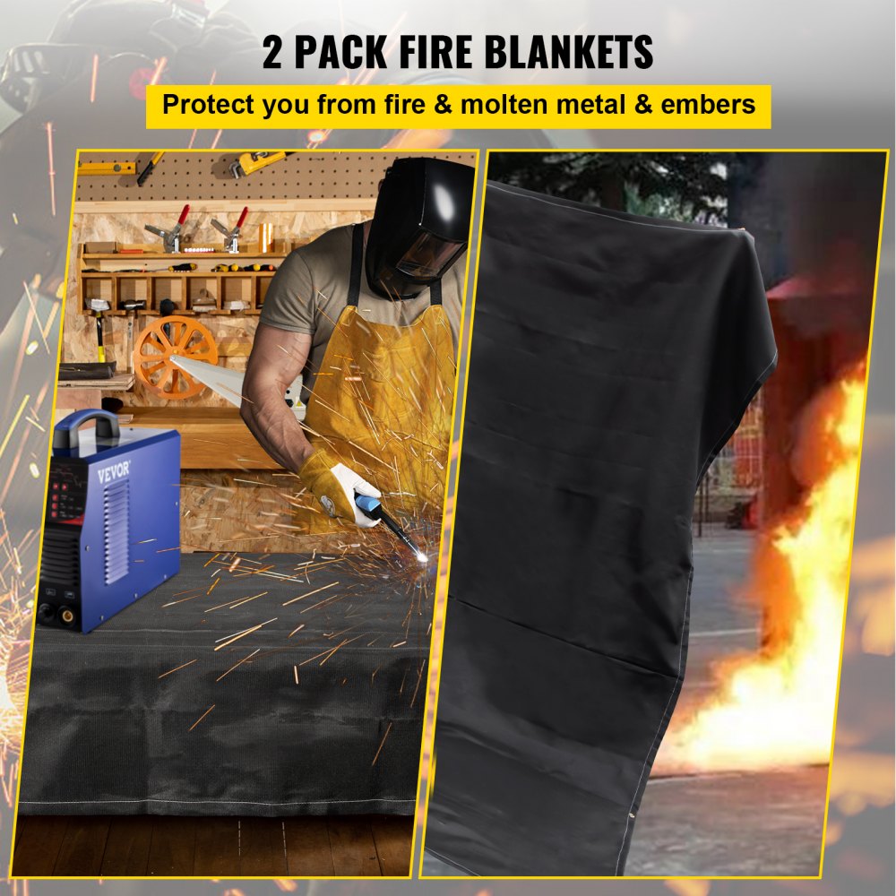 VEVOR Fire Blankets, 2 Pack Welding Blankets, 6\' x 10\' Fire Suppression Blanket, 1022 °F Flame Retardant Blanket, Black Fire Emergency Blankets, Fiberglass Fire Retardant Blanket with 8 Brass Gromme