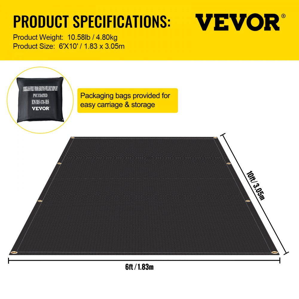 VEVOR Fire Blankets, 2 Pack Welding Blankets, 6\' x 10\' Fire Suppression Blanket, 1022 °F Flame Retardant Blanket, Black Fire Emergency Blankets, Fiberglass Fire Retardant Blanket with 8 Brass Gromme