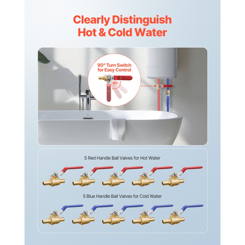 VEVOR PEX Ball Valve, 10 Pieces, 1/2 in PEX Brass Ball Valve, PEX Full Port Brass Ball Valves, Quarter Turn Hot (Red) Cold (Blue) PEX Full Port Ball Valve, for Kitchen, Hydronic Heating, Bathroom