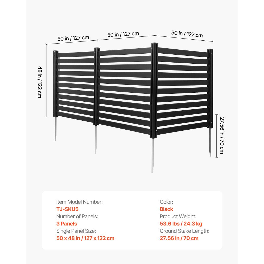 VEVOR 3 Panels Outdoor Privacy Screen, 50 x 48 in Air Conditioner Fence with 27.6 in Ground Stakes, Pool Equipment Enclosure, Vinyl Privacy Fence, Ideal for Trash Can and A/C Units, Black