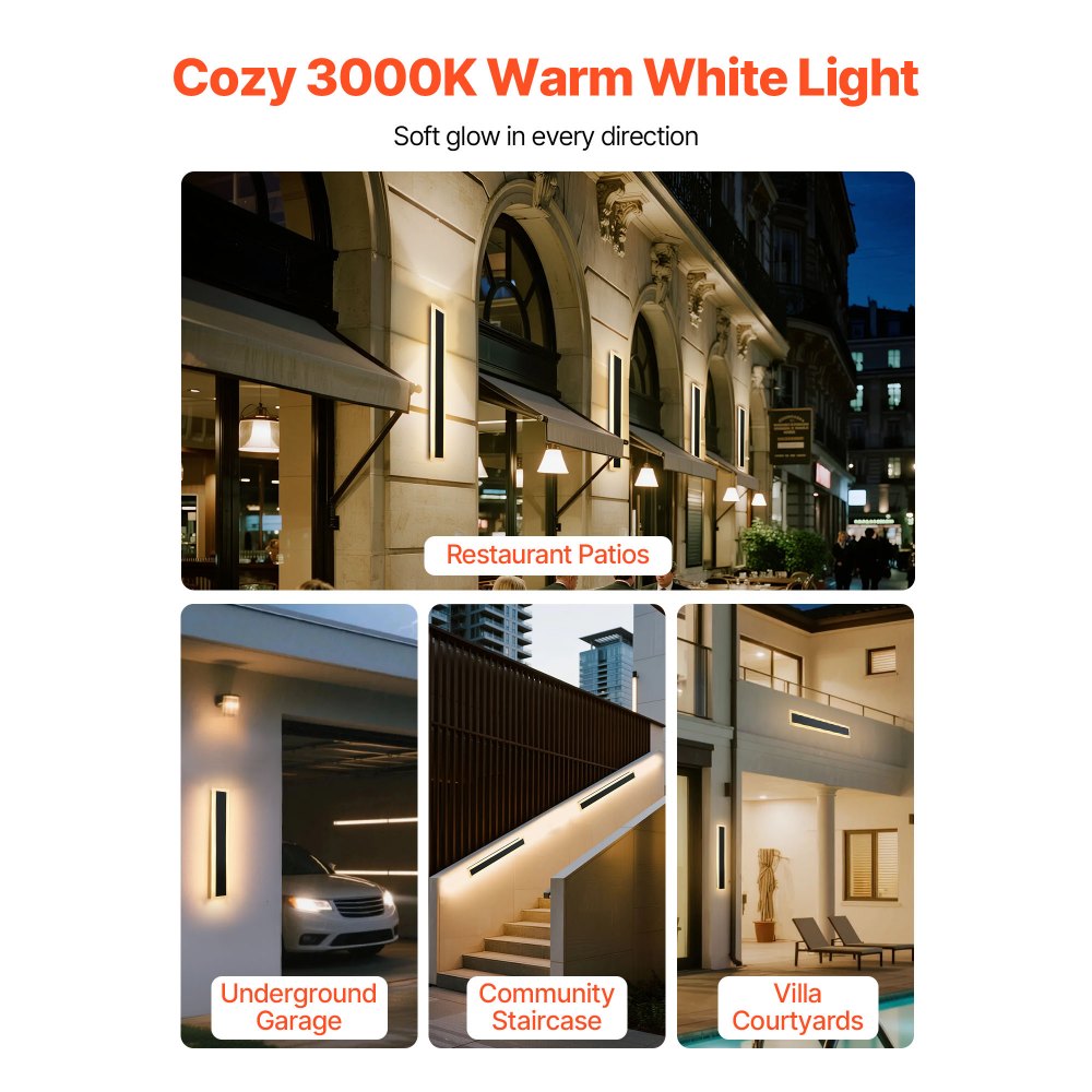 VEVOR Outdoor Wall Light, 23.6 Inch, Long Strip Modern Exterior Wall Sconce Light Fixtures, 3000K Warm White, IP65 Waterproof, Anti-Rust Outside Patio Wall Mount Lighting, for House, Porch, Garage