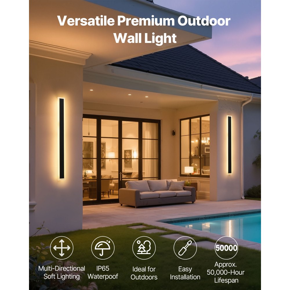 VEVOR Outdoor Wall Lights, 2 Pack, 31.5 Inch Long Strip Modern Exterior Wall Sconce Light Fixtures, 3000K Warm White, IP65 Waterproof Anti-Rust Outside Wall Mount Lighting, for House, Porch, Garage