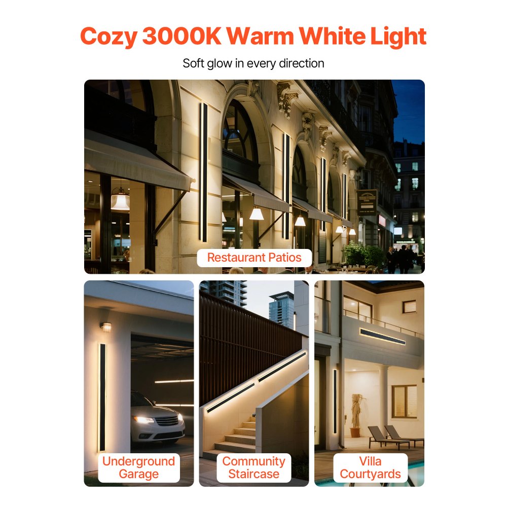 VEVOR Outdoor Wall Lights, 2 Pack, 47.2 Inch Long Strip Modern Exterior Wall Sconce Light Fixtures, 3000K Warm White, IP65 Waterproof Anti-Rust Outside Wall Mount Lighting, for House, Porch, Garage