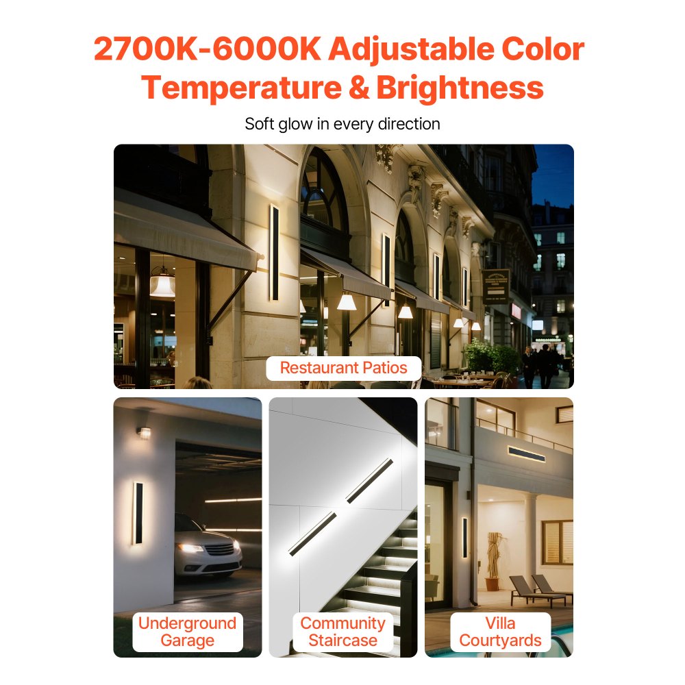 VEVOR Outdoor Wall Lights, 2 Pack, 23.6 Inch Long Strip Modern Exterior Wall Sconce Light Fixtures, 2700K-6000K, IP65 Waterproof Anti-Rust, Dimmable Outside Wall Mount Lighting, for House Porch Garage