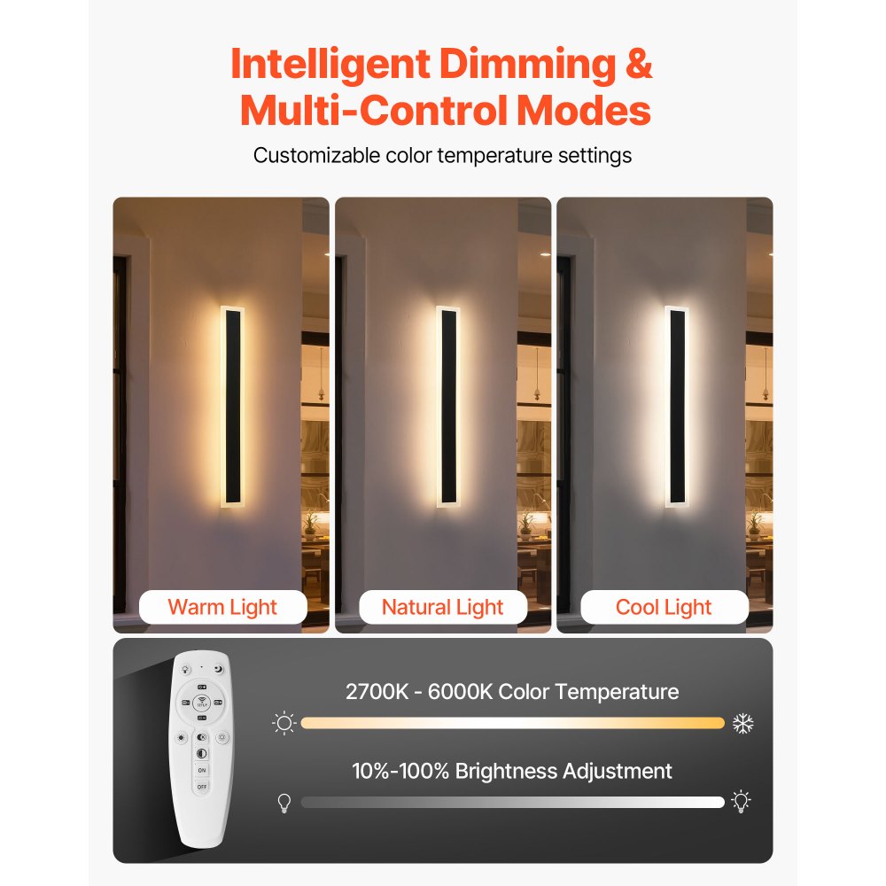 VEVOR Outdoor Wall Lights, 2 Pack, 23.6 Inch Long Strip Modern Exterior Wall Sconce Light Fixtures, 2700K-6000K, IP65 Waterproof Anti-Rust, Dimmable Outside Wall Mount Lighting, for House Porch Garage