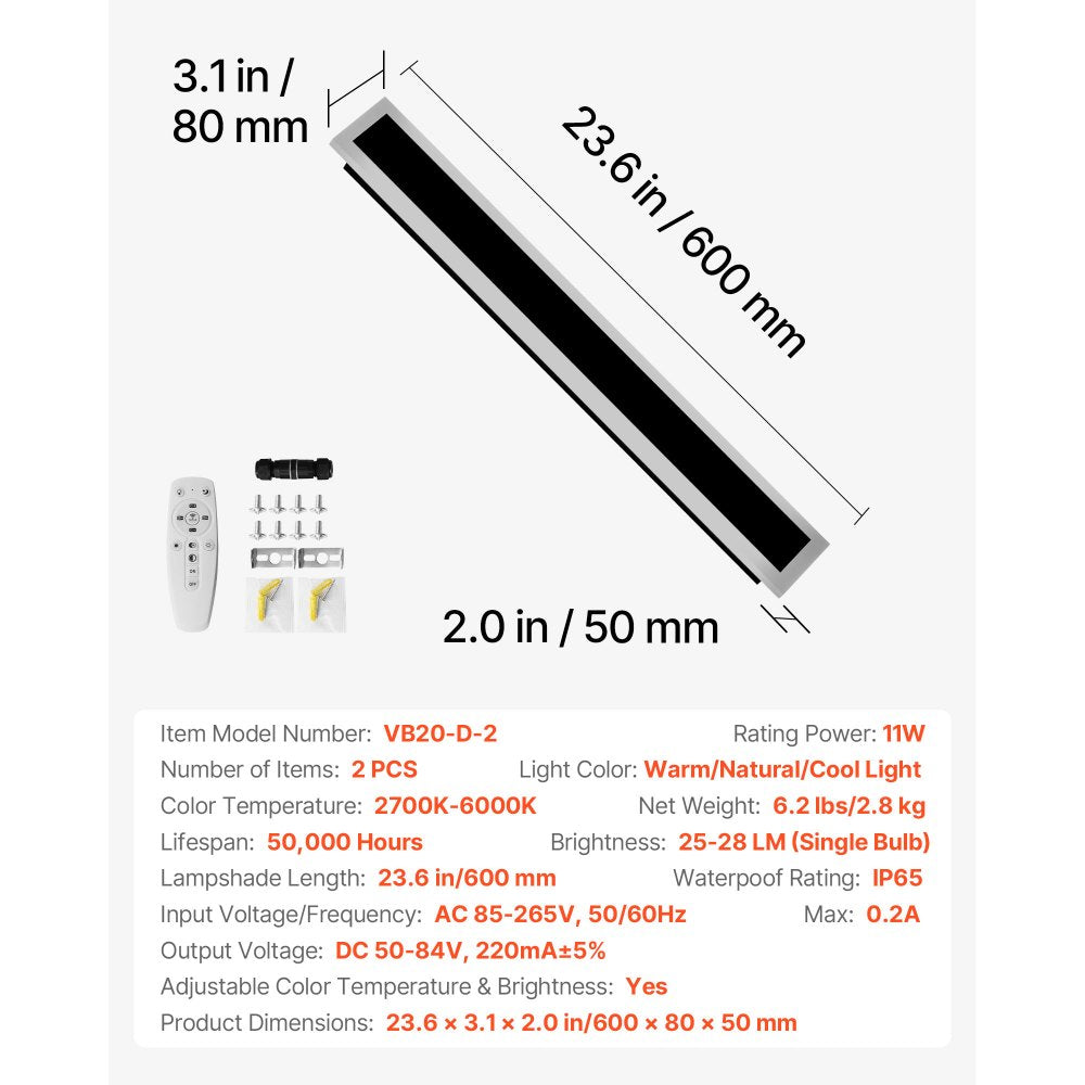 VEVOR Outdoor Wall Lights, 2 Pack, 23.6 Inch Long Strip Modern Exterior Wall Sconce Light Fixtures, 2700K-6000K, IP65 Waterproof Anti-Rust, Dimmable Outside Wall Mount Lighting, for House Porch Garage