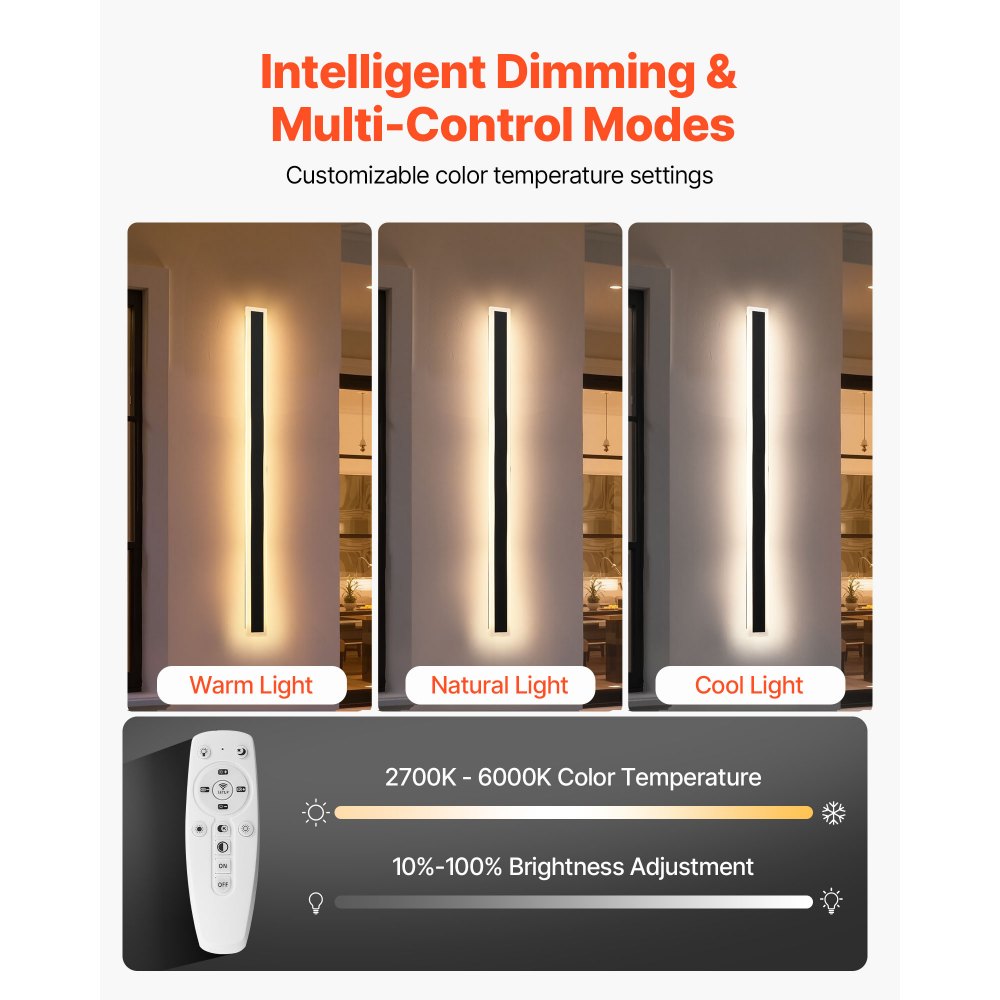 VEVOR Outdoor Wall Lights, 2 Pack, 39.4 Inch Long Strip Modern Exterior Wall Sconce Light Fixtures, 2700K-6000K, IP65 Waterproof Anti-Rust, Dimmable Outside Wall Mount Lighting, for House Porch Garage