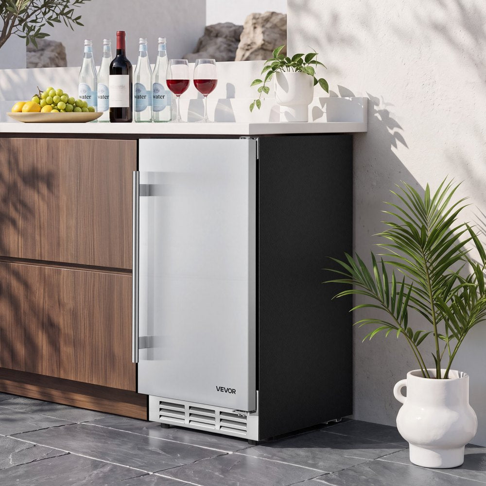 VEVOR Outdoor Beverage Refrigerator, 15 Inch Undercounter Drink Fridge, 304 Stainless Steel Door, 3.0 Cu. Ft, Hold 94 Cans, Powerful Cooling System, Built-in / Freestand Cooler, Home Bar & Patio