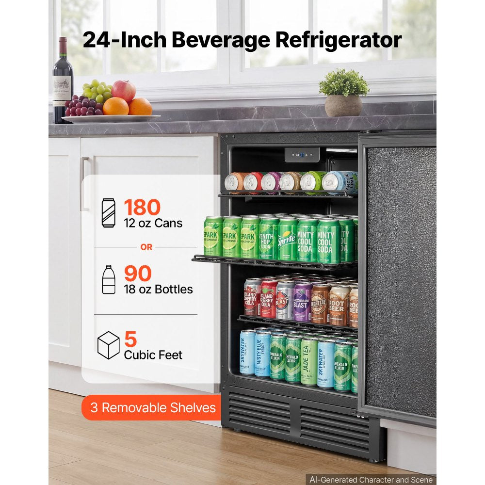 VEVOR Beverage Refrigerator, 24 Inch Under Counter Drink Fridge, Black, Hold 180 Cans, 5.0 Cu. Ft, Built-in / Freestand Cooler, Powerful Quiet Cooling System, 3 Shelves, Home Kitchen & Bar