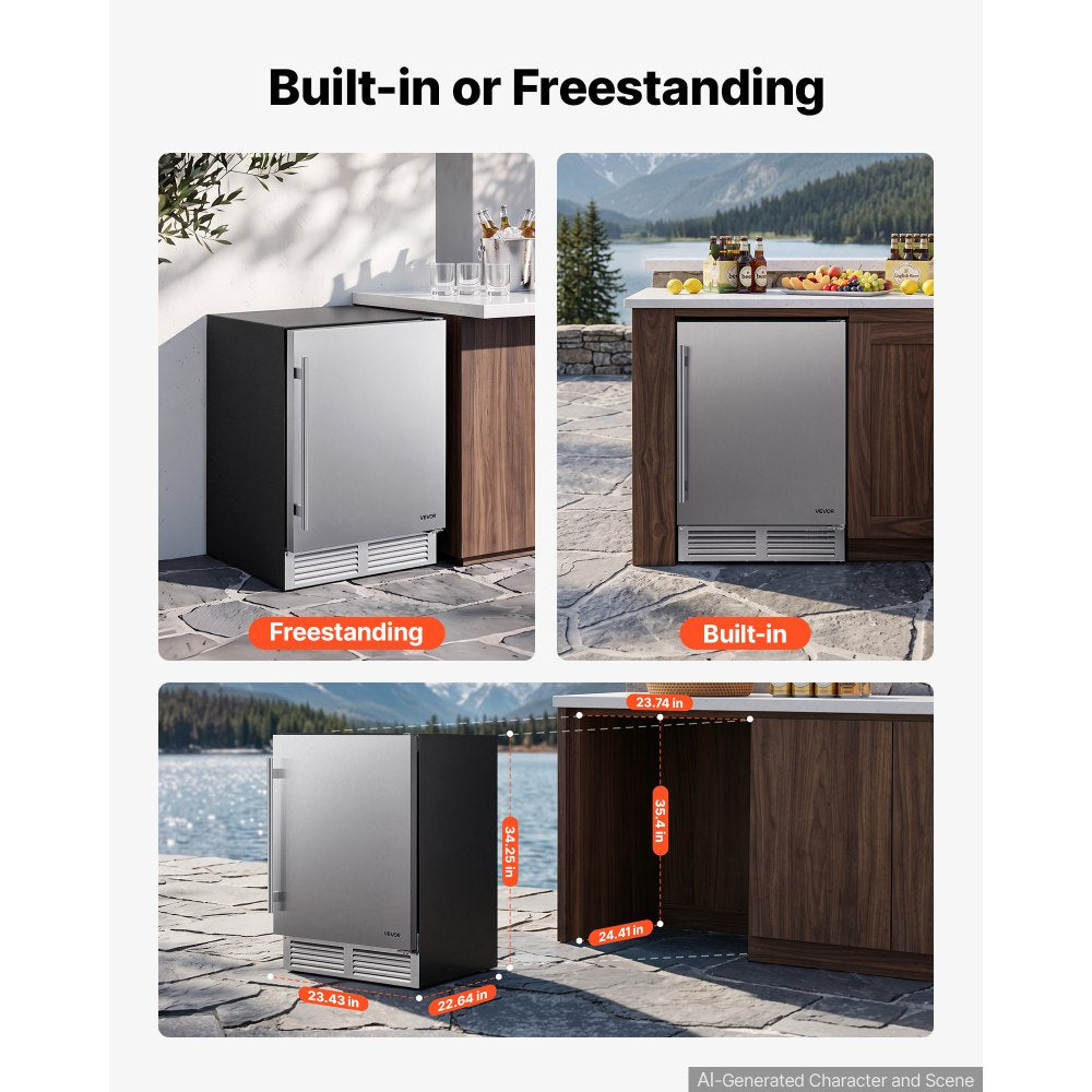 VEVOR Outdoor Beverage Refrigerator, 24 Inch Undercounter Drink Fridge, 304 Stainless Steel Door, 5.0 Cu. Ft, Hold 180 Cans, Powerful Cooling System, Built-in / Freestand Cooler, Home Bar & Patio