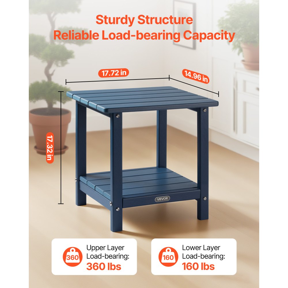 VEVOR Outdoor Side Table, 17.72W x 14.96D x 17.32H Inch, Double Layer HDPE Outside End Table for Easy Maintenance, Withstand Harsh Weather, Fit for Patio, Pool, Beach, Porch, Indoor, Backyard, Blue