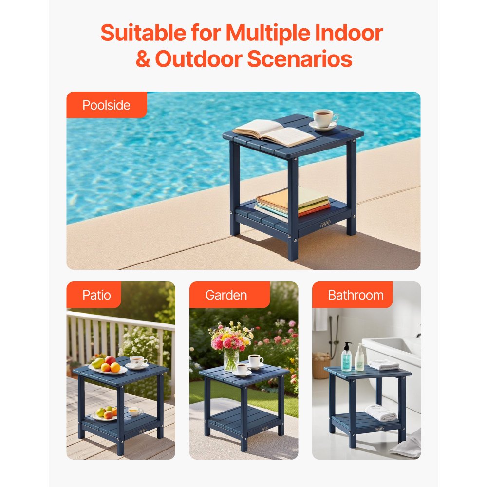 VEVOR Outdoor Side Table, 17.72W x 14.96D x 17.32H Inch, Double Layer HDPE Outside End Table for Easy Maintenance, Withstand Harsh Weather, Fit for Patio, Pool, Beach, Porch, Indoor, Backyard, Blue