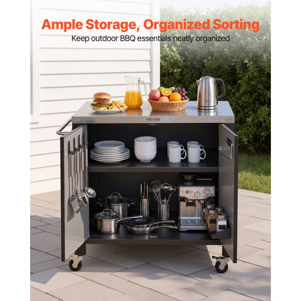 VEVOR Outdoor Grill Cart with Storage Cabinet, 40 Inch Grill Table, Waterproof Kitchen Island with Stainless Steel Top, Spice Rack, and Wheels, Movable Food Prep Station for Patio Bar Backyard BBQ