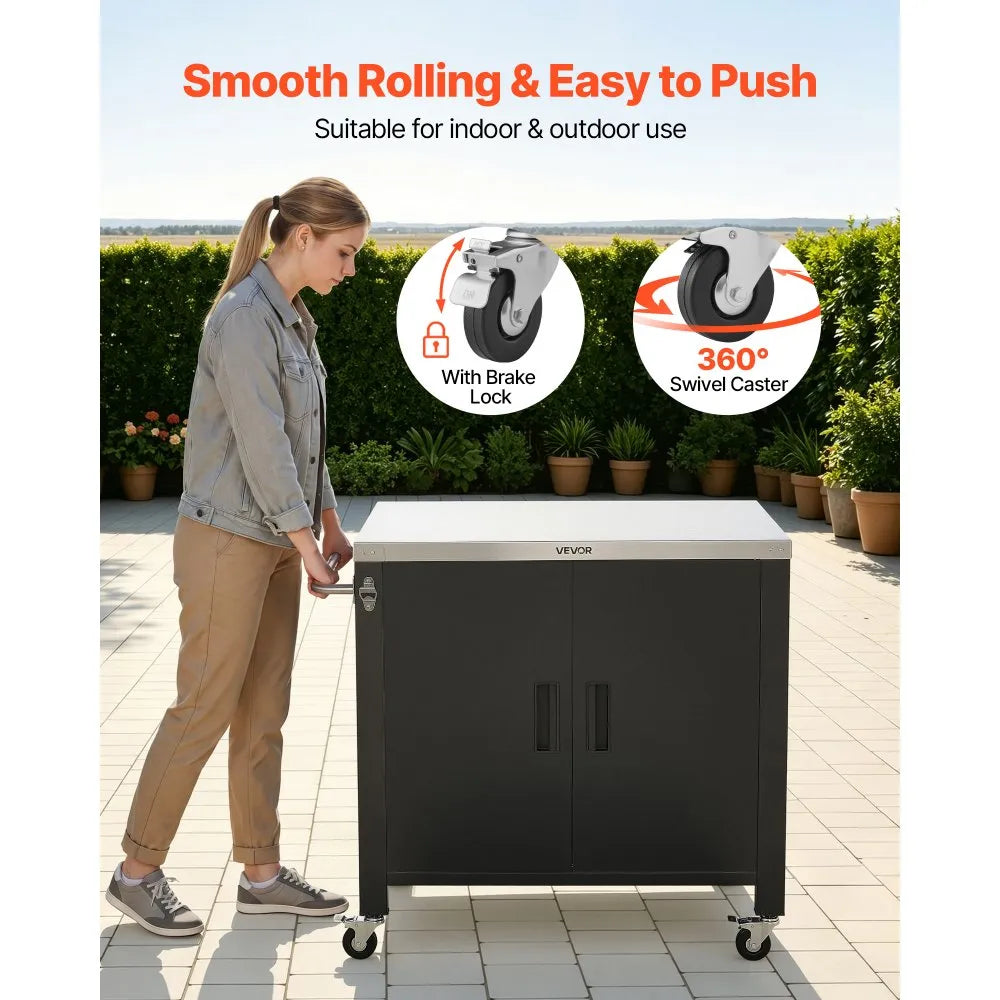VEVOR Outdoor Grill Cart with Storage Cabinet, 40 Inch Grill Table, Waterproof Kitchen Island with Stainless Steel Top, Spice Rack, and Wheels, Movable Food Prep Station for Patio Bar Backyard BBQ