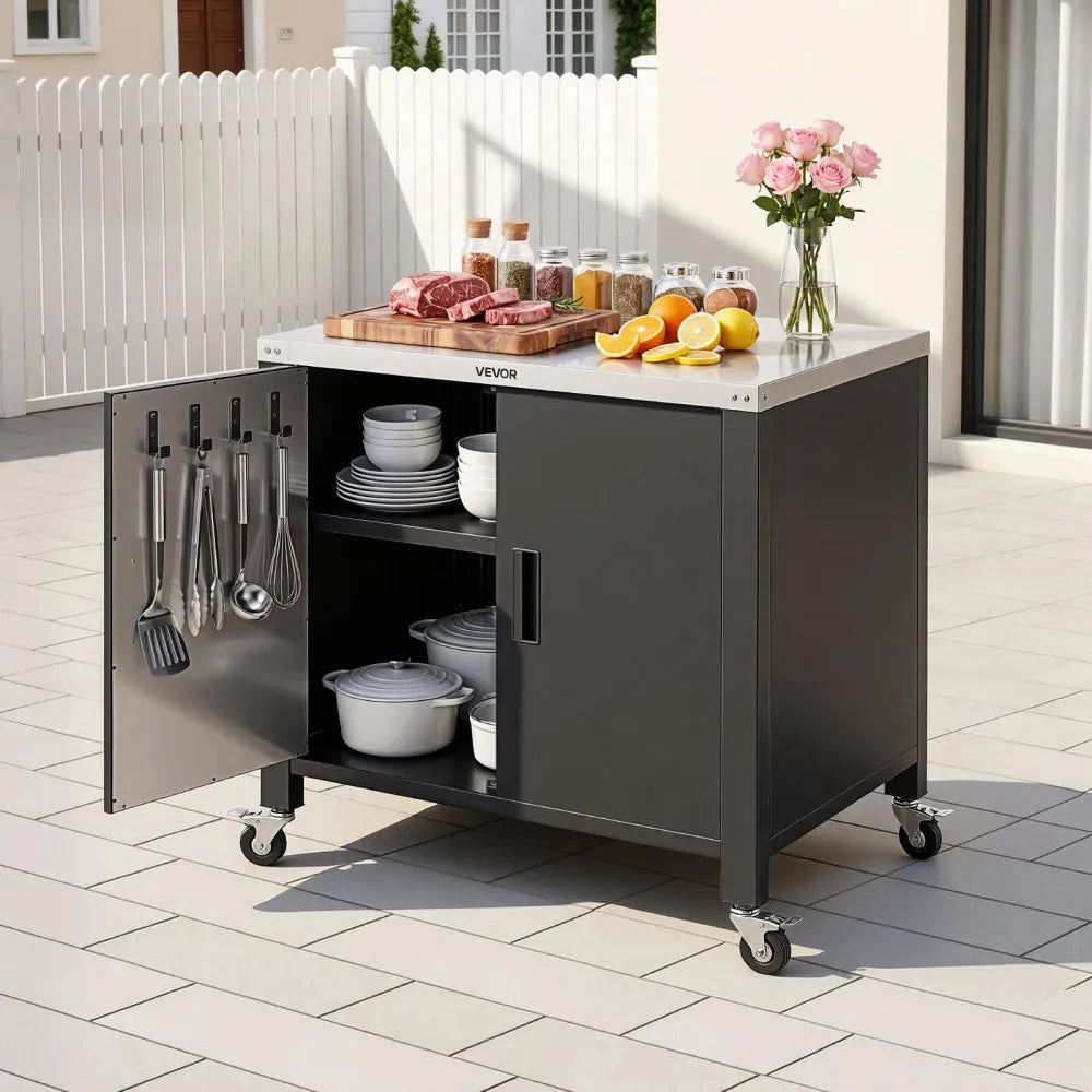 VEVOR Outdoor Grill Cart with Storage Cabinet, 40 Inch Grill Table, Waterproof Kitchen Island with Stainless Steel Top, Spice Rack, and Wheels, Movable Food Prep Station for Patio Bar Backyard BBQ