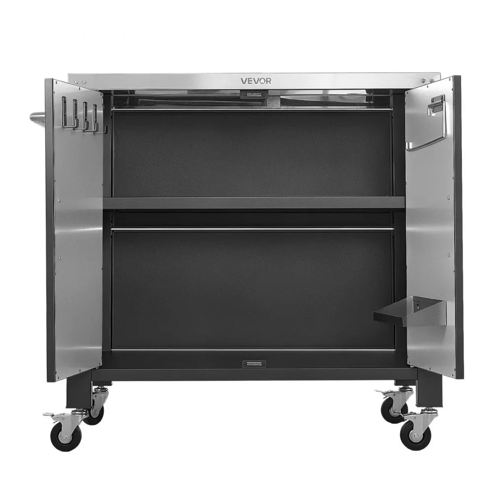 VEVOR Outdoor Grill Cart with Storage Cabinet, 40 Inch Grill Table, Waterproof Kitchen Island with Stainless Steel Top, Spice Rack, and Wheels, Movable Food Prep Station for Patio Bar Backyard BBQ