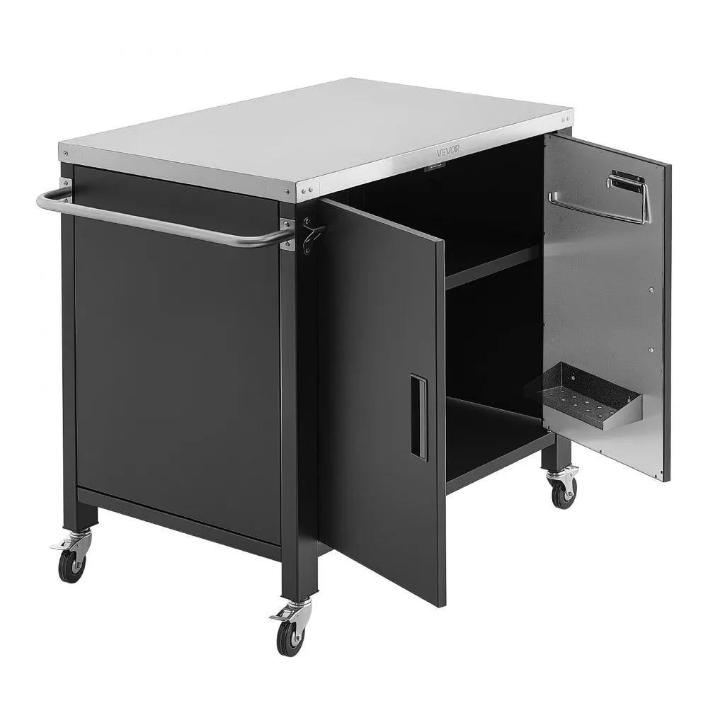 VEVOR Outdoor Grill Cart with Storage Cabinet, 40 Inch Grill Table, Waterproof Kitchen Island with Stainless Steel Top, Spice Rack, and Wheels, Movable Food Prep Station for Patio Bar Backyard BBQ