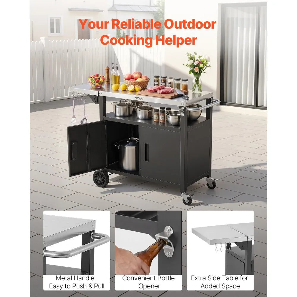 VEVOR Outdoor Grill Cart with Storage Cabinet, 48.9 Inch Grill Table, Waterproof Kitchen Island with Stainless Steel Top, Shelf, and Wheels, Movable Food Prep Station for Patio Bar Backyard BBQ
