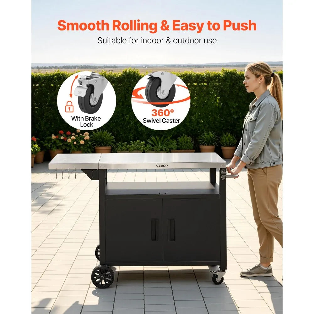 VEVOR Outdoor Grill Cart with Storage Cabinet, 48.9 Inch Grill Table, Waterproof Kitchen Island with Stainless Steel Top, Shelf, and Wheels, Movable Food Prep Station for Patio Bar Backyard BBQ