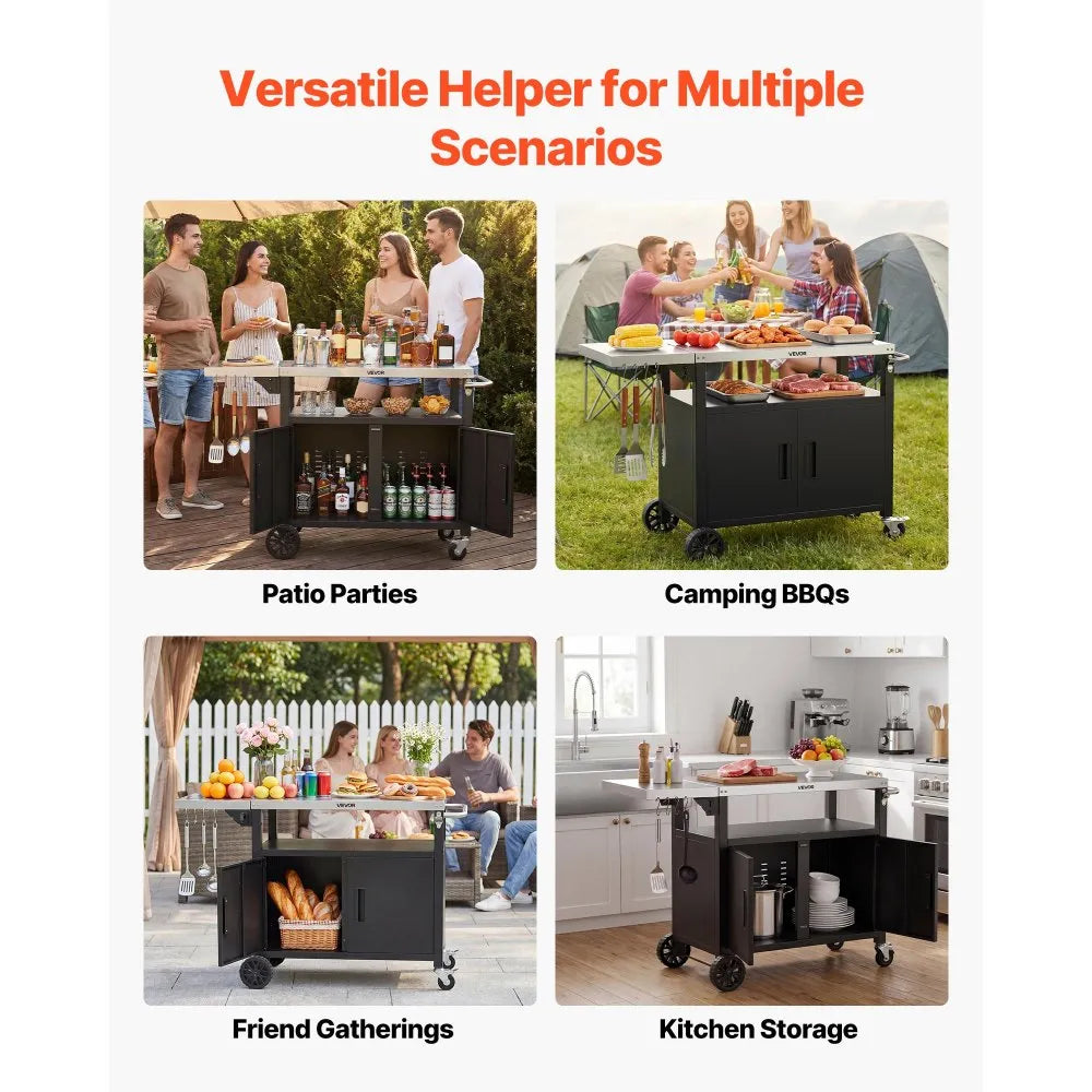 VEVOR Outdoor Grill Cart with Storage Cabinet, 48.9 Inch Grill Table, Waterproof Kitchen Island with Stainless Steel Top, Shelf, and Wheels, Movable Food Prep Station for Patio Bar Backyard BBQ