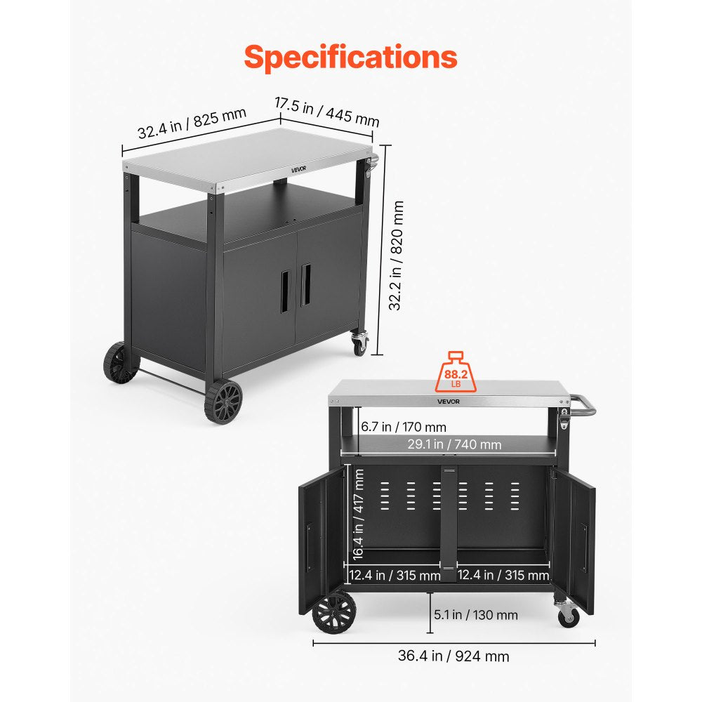 VEVOR Outdoor Grill Cart with Storage Cabinet, 36.4 Inch Grill Table, Waterproof Kitchen Island with Stainless Steel Top, Shelf, and Wheels, Movable Food Prep Station for Patio Bar Backyard BBQ
