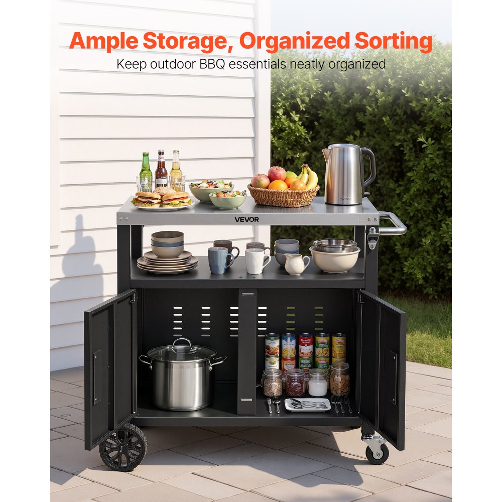VEVOR Outdoor Grill Cart with Storage Cabinet, 36.4 Inch Grill Table, Waterproof Kitchen Island with Stainless Steel Top, Shelf, and Wheels, Movable Food Prep Station for Patio Bar Backyard BBQ