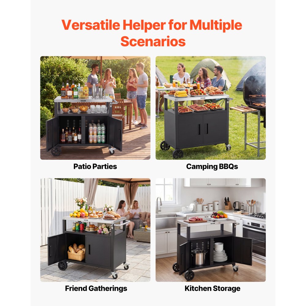 VEVOR Outdoor Grill Cart with Storage Cabinet, 36.4 Inch Grill Table, Waterproof Kitchen Island with Stainless Steel Top, Shelf, and Wheels, Movable Food Prep Station for Patio Bar Backyard BBQ