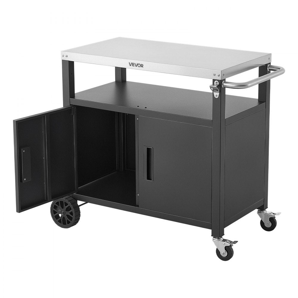 VEVOR Outdoor Grill Cart with Storage Cabinet, 36.4 Inch Grill Table, Waterproof Kitchen Island with Stainless Steel Top, Shelf, and Wheels, Movable Food Prep Station for Patio Bar Backyard BBQ