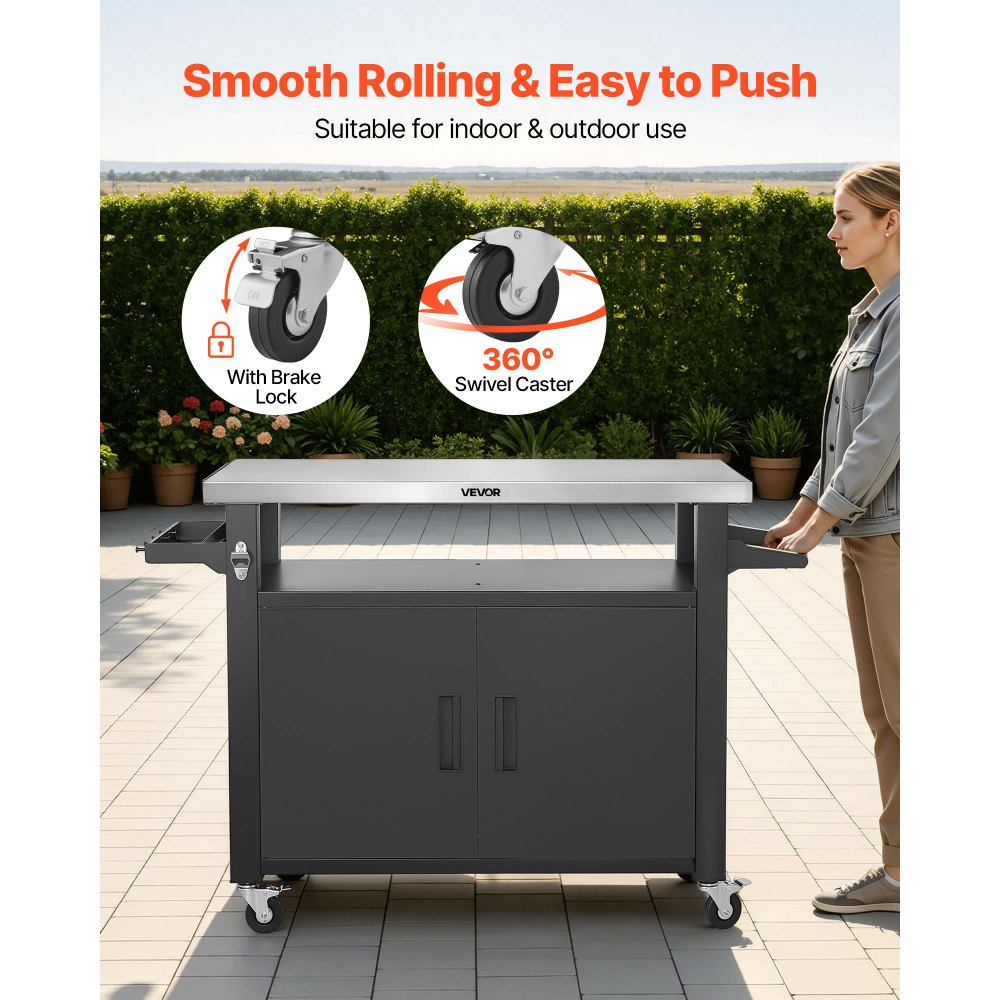 VEVOR Outdoor Grill Cart with Storage Cabinet, 53.1 Inch Grill Table, Waterproof Kitchen Island with Stainless Steel Top, Shelf, and Wheels, Movable Food Prep Station for Patio Bar Backyard BBQ