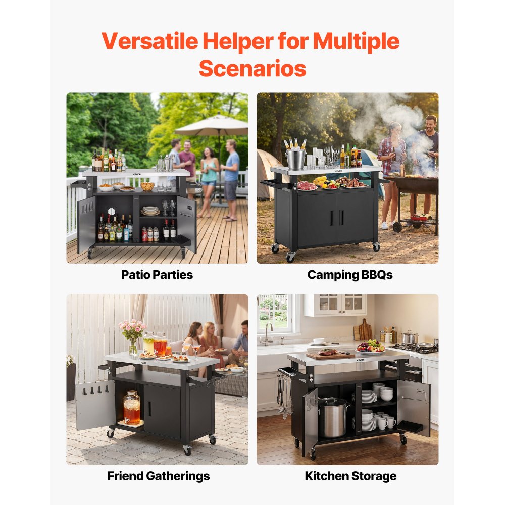 VEVOR Outdoor Grill Cart with Storage Cabinet, 53.1 Inch Grill Table, Waterproof Kitchen Island with Stainless Steel Top, Shelf, and Wheels, Movable Food Prep Station for Patio Bar Backyard BBQ