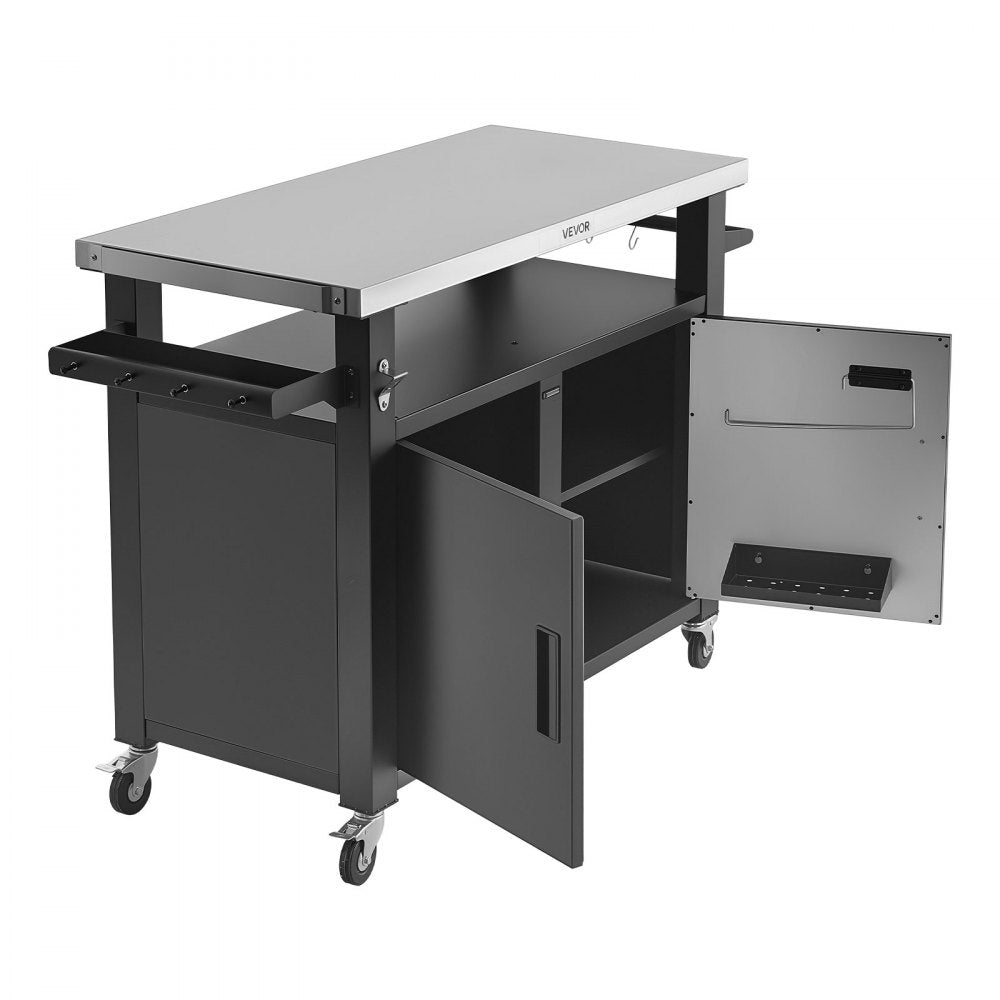 VEVOR Outdoor Grill Cart with Storage Cabinet, 53.1 Inch Grill Table, Waterproof Kitchen Island with Stainless Steel Top, Shelf, and Wheels, Movable Food Prep Station for Patio Bar Backyard BBQ