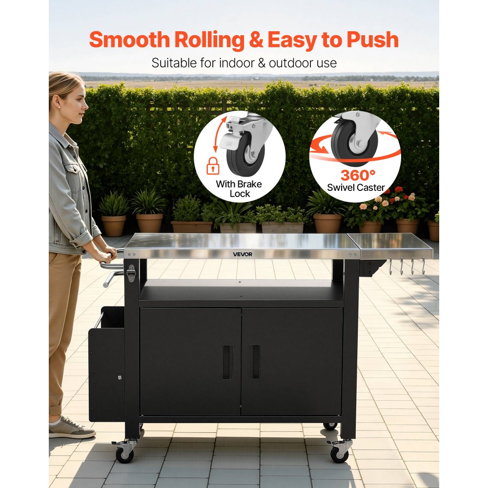 VEVOR Outdoor Grill Cart with Storage Cabinet, 55.1 Inch Grill Table, Waterproof Kitchen Island with Stainless Steel Top, Shelf, and Wheels, Movable Food Prep Station for Patio Bar Backyard BBQ