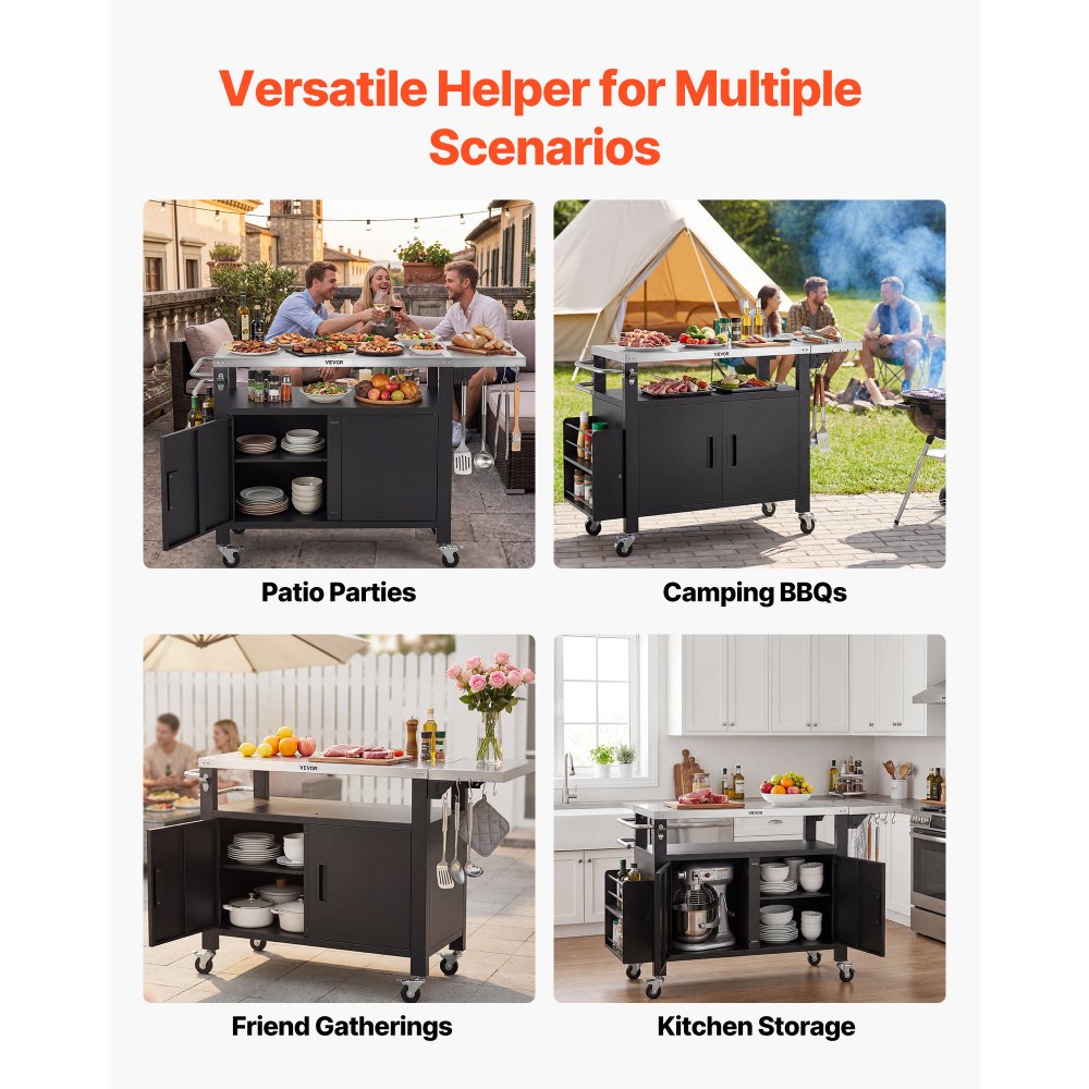 VEVOR Outdoor Grill Cart with Storage Cabinet, 55.1 Inch Grill Table, Waterproof Kitchen Island with Stainless Steel Top, Shelf, and Wheels, Movable Food Prep Station for Patio Bar Backyard BBQ