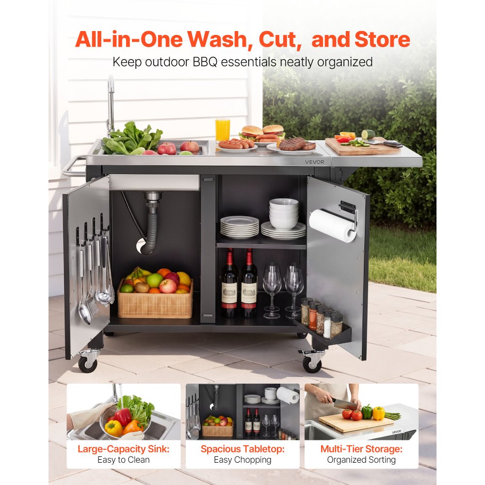 VEVOR Outdoor Grill Cart with Sink and Storage Cabinet, 52 Inch Grill Table, Waterproof Kitchen Island with Stainless Steel Top, Spice Rack, Wheel, Movable Food Prep Station for Patio Bar Backyard BBQ