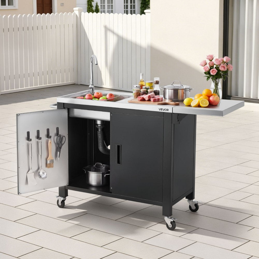 VEVOR Outdoor Grill Cart with Sink and Storage Cabinet, 52 Inch Grill Table, Waterproof Kitchen Island with Stainless Steel Top, Spice Rack, Wheel, Movable Food Prep Station for Patio Bar Backyard BBQ