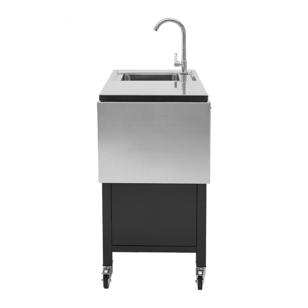 VEVOR Outdoor Grill Cart with Sink and Storage Cabinet, 52 Inch Grill Table, Waterproof Kitchen Island with Stainless Steel Top, Spice Rack, Wheel, Movable Food Prep Station for Patio Bar Backyard BBQ