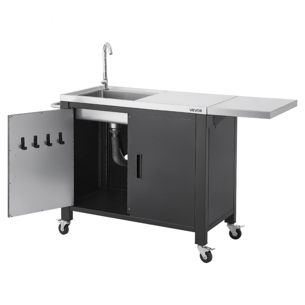 VEVOR Outdoor Grill Cart with Sink and Storage Cabinet, 52 Inch Grill Table, Waterproof Kitchen Island with Stainless Steel Top, Spice Rack, Wheel, Movable Food Prep Station for Patio Bar Backyard BBQ