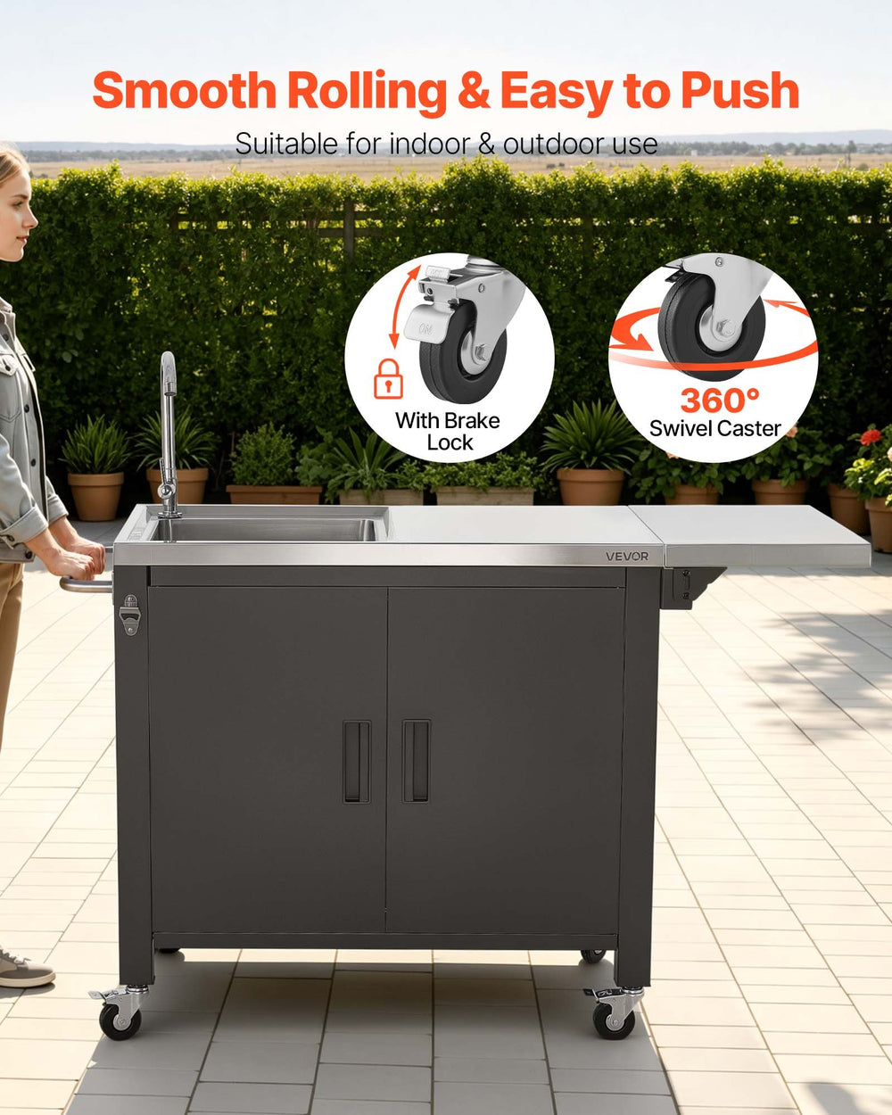 VEVOR Outdoor Grill Cart with Sink and Storage Cabinet, 52 Inch Grill Table, Waterproof Kitchen Island with Stainless Steel Top, Spice Rack, Wheel, Movable Food Prep Station for Patio Bar Backyard BBQ