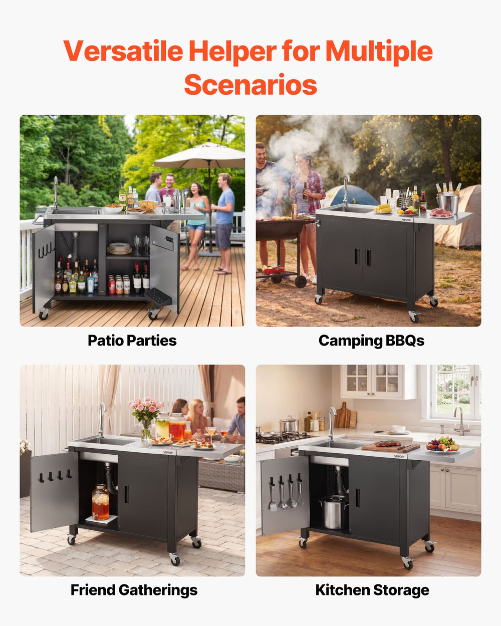 VEVOR Outdoor Grill Cart with Sink and Storage Cabinet, 52 Inch Grill Table, Waterproof Kitchen Island with Stainless Steel Top, Spice Rack, Wheel, Movable Food Prep Station for Patio Bar Backyard BBQ