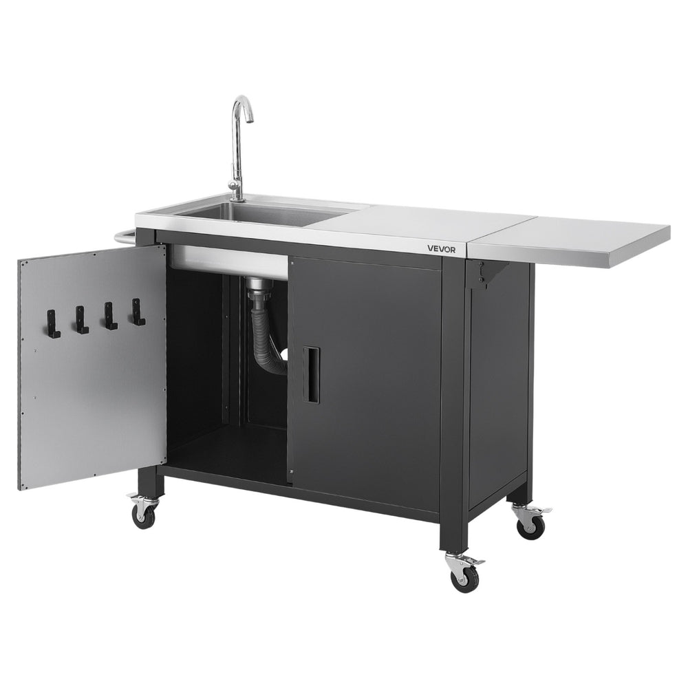 VEVOR Outdoor Grill Cart with Sink and Storage Cabinet, 52 Inch Grill Table, Waterproof Kitchen Island with Stainless Steel Top, Spice Rack, Wheel, Movable Food Prep Station for Patio Bar Backyard BBQ
